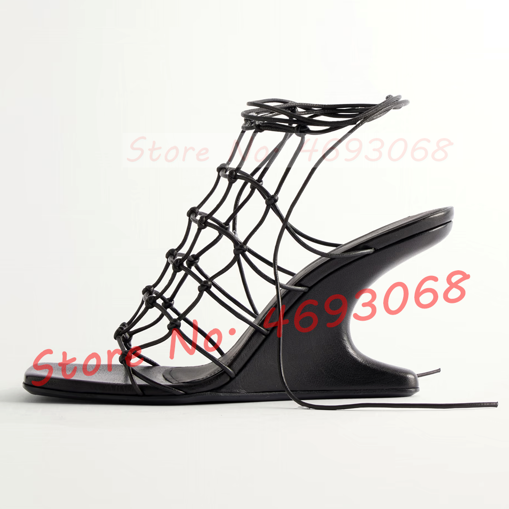 Crossfit Ladies - Black Knotted Mesh Curved Heel Sandals